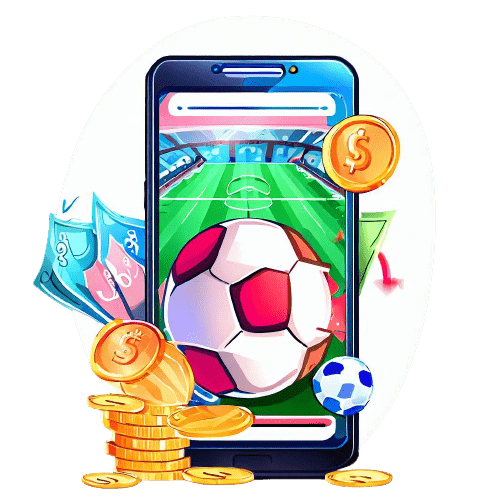 A phone showing a football pitch, balls and dollar coins