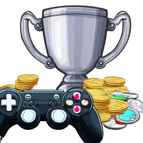 A virtual games controller, a cup and silver coins
