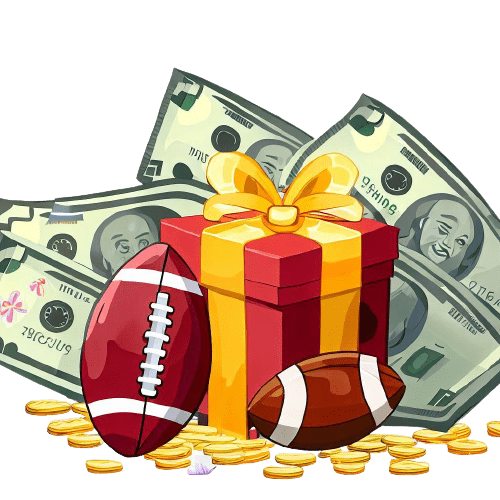 Gift wrapping, two American footballs, coins and banknotes