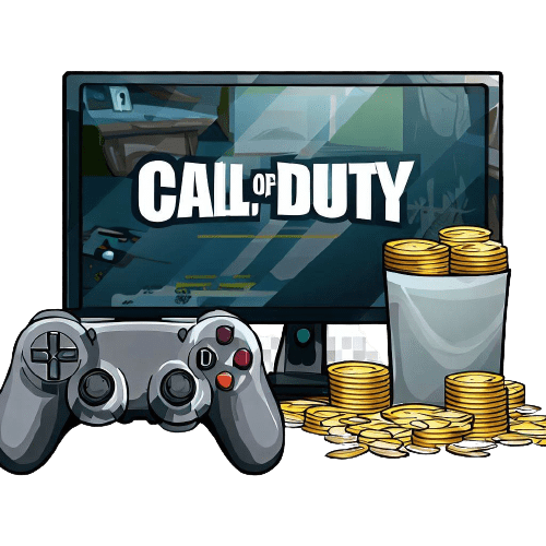 A computer with Call of Duty written on it, a joystick and some silver coins