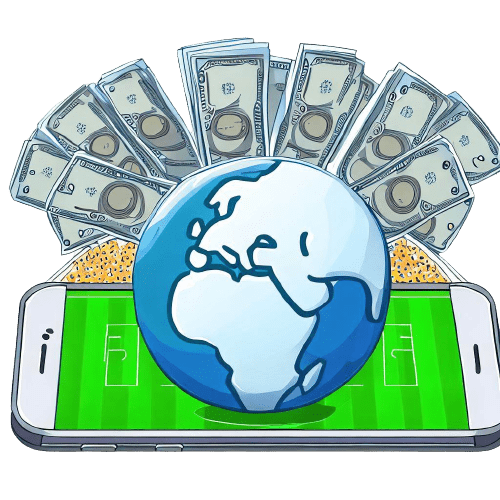 A globe placed on a telephone showing a football pitch and surrounded by banknotes