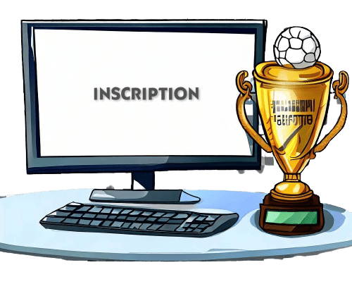 A computer showing the word ’inscription’ and a football cup
