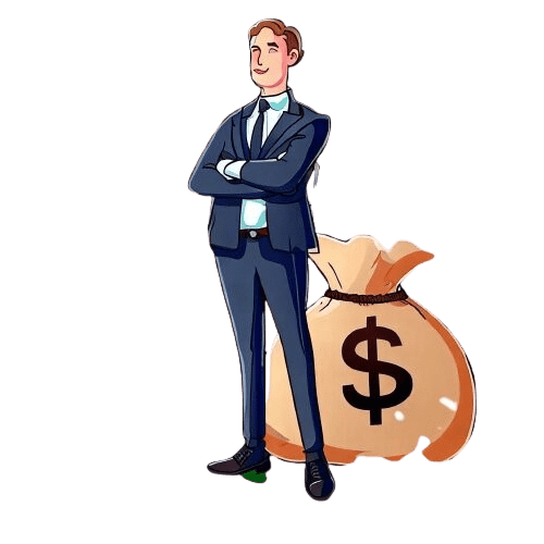 A man in a suit standing with a bag of money at his feet