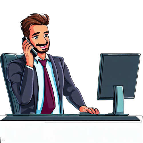 A man (a broker) in front of a computer on the telephone