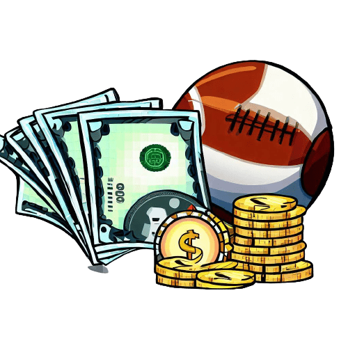 An American football, coins and notes