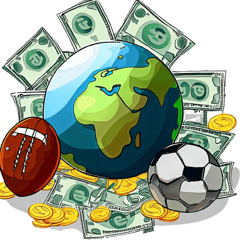 A globe surrounded by two footballs, coins and banknotes