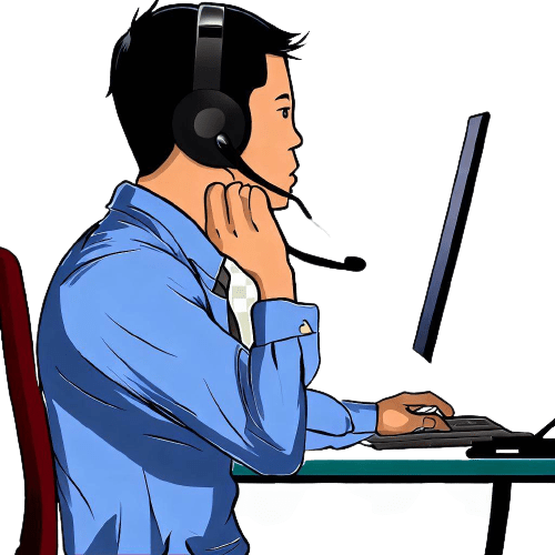 A man wearing a headset in front of a computer