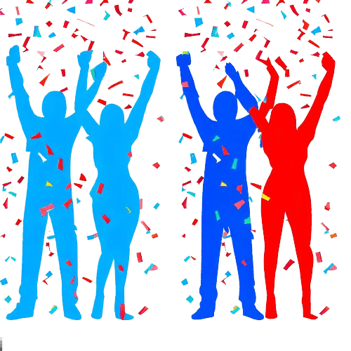 Four silhouettes of people celebrating a victory