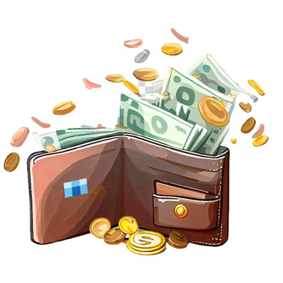 A wallet containing notes and coins