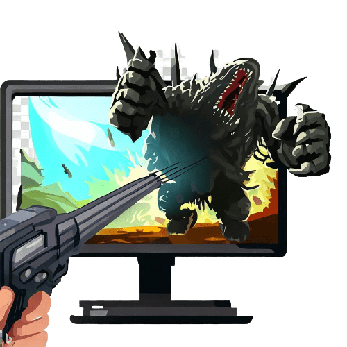 A hand holding a weapon aimed at a monster in a computer