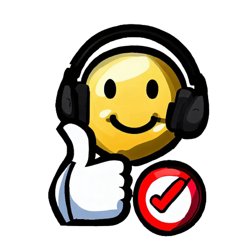 A headset worn by an anime and the tick symbol