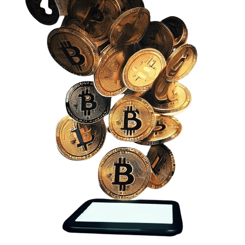 A phone with bitcoins coming out of it
